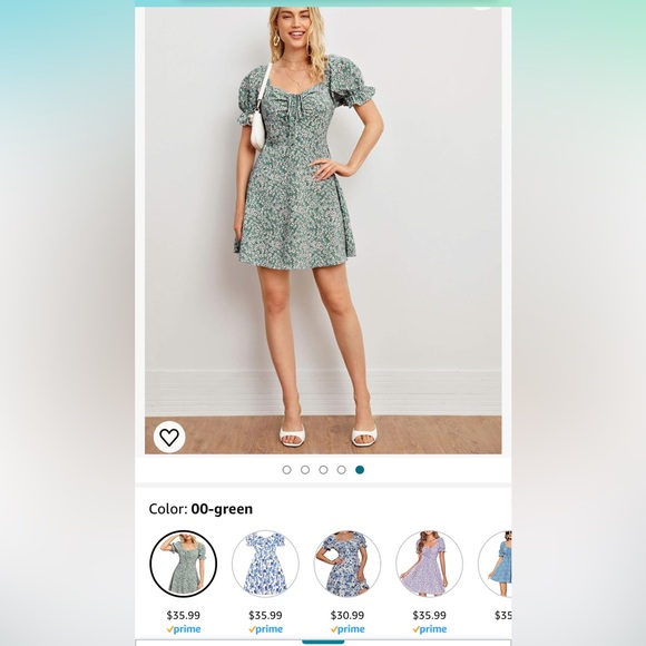 Women's Floral Puff Short Sleeve Ruched A Line Dress V Neck Ruffle Mini Dress - Picture 2 of 9